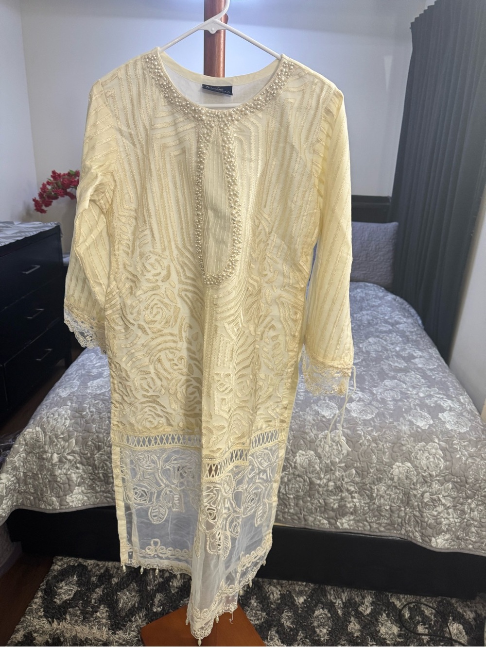 Embroidered Ivory Tunic Dress with Pearl Detail